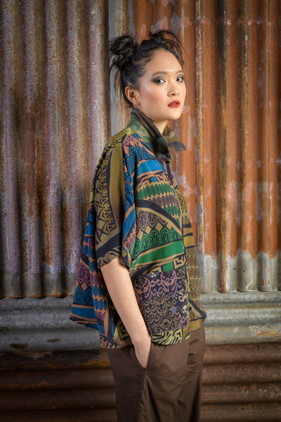 Silk Tunic in Ethnic Colours with Front Pocket and Camouflage Canvas Collar