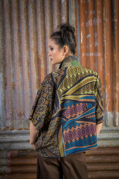 Silk Tunic in Ethnic Colours with Front Pocket and Camouflage Canvas Collar