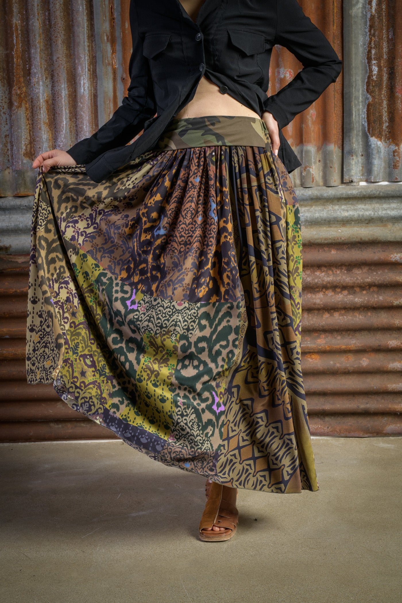 Silk Skirt with Stretch Printed Jersey Basque