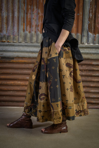 Printed Taffeta Skirt with Hand-Embroidered Border