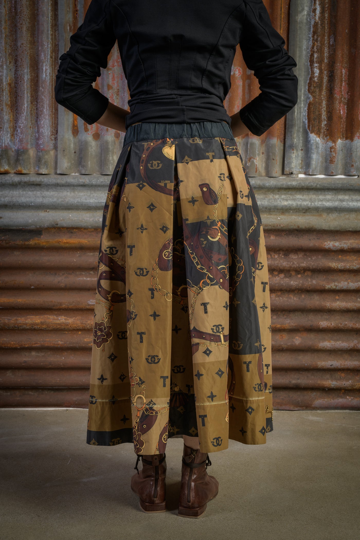 Printed Taffeta Skirt with Hand-Embroidered Border