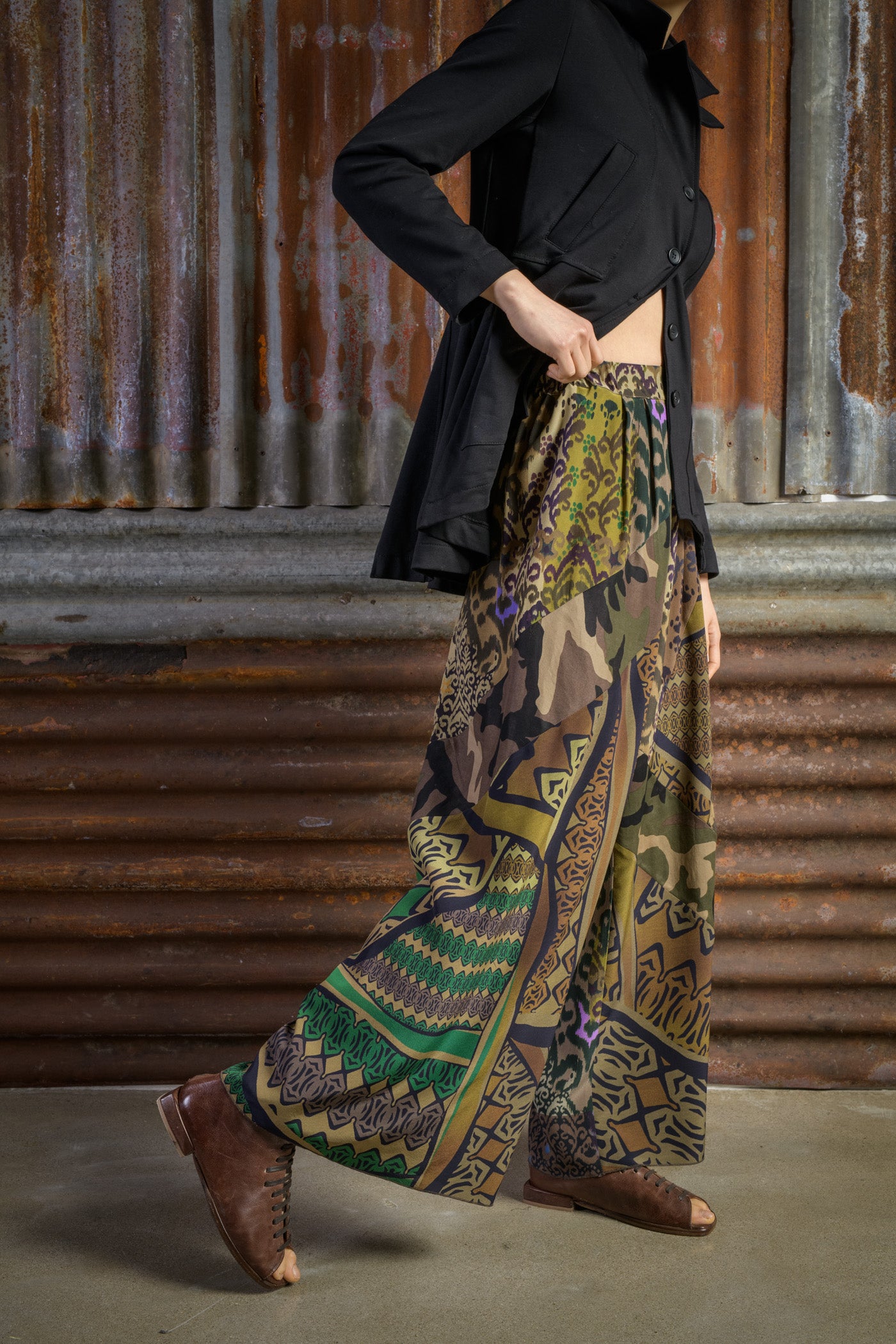 Silk Palazzo Pants in Ethnic Patchwork Colours
