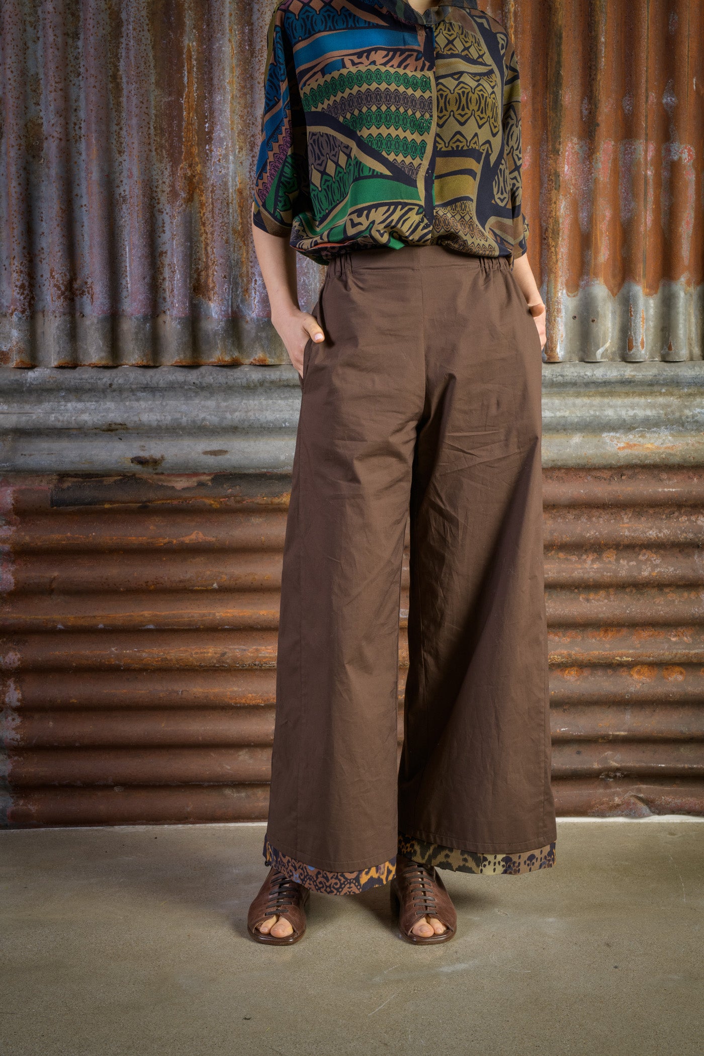 Stretch Cotton Trousers with Ethnic Print Silk Trim