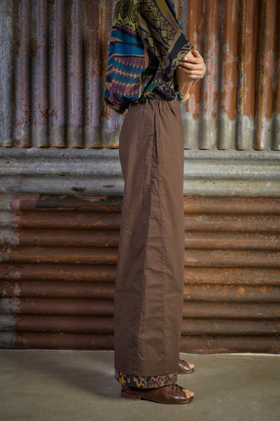 Stretch Cotton Trousers with Ethnic Print Silk Trim