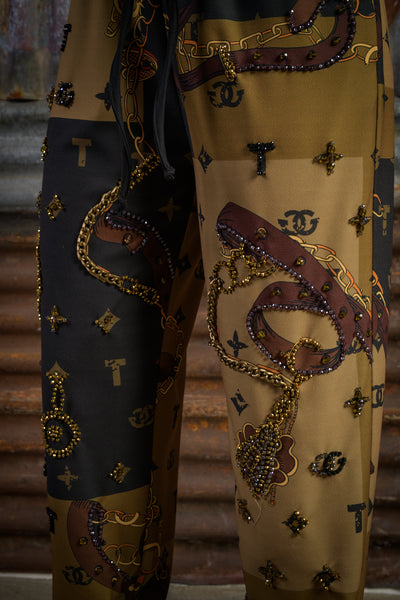 Printed and Hand-Embroidered Drawstring Trousers