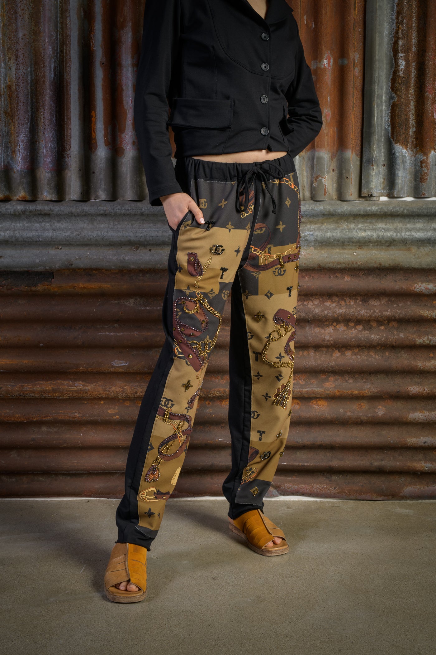 Panelled and Hand Embroidered Stretch Cotton Trousers
